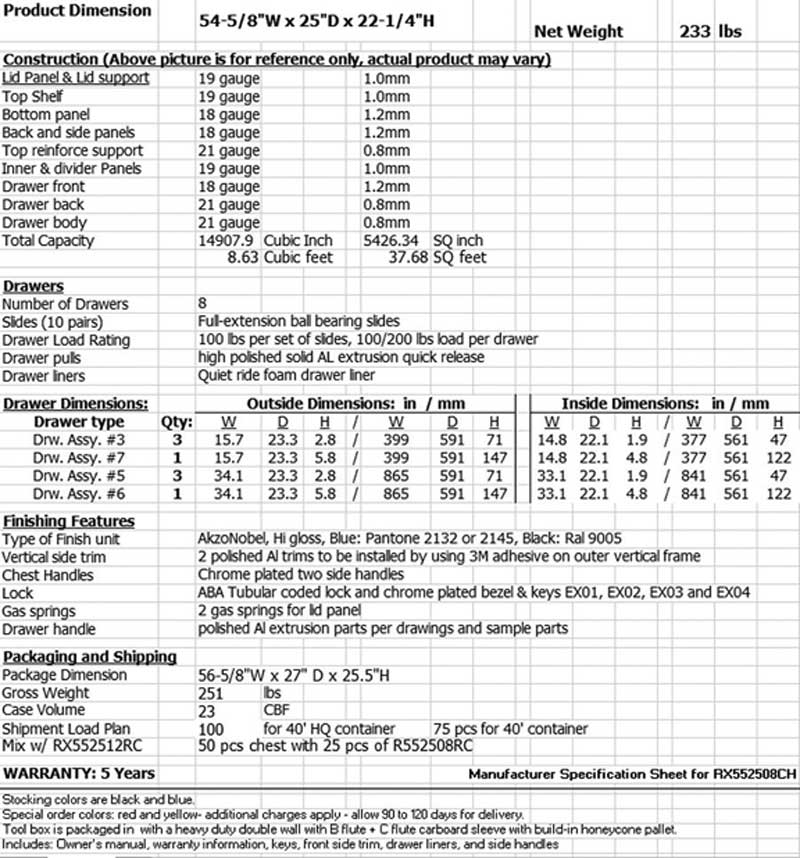 RX552508CH Top Chest Tool Box Specifications